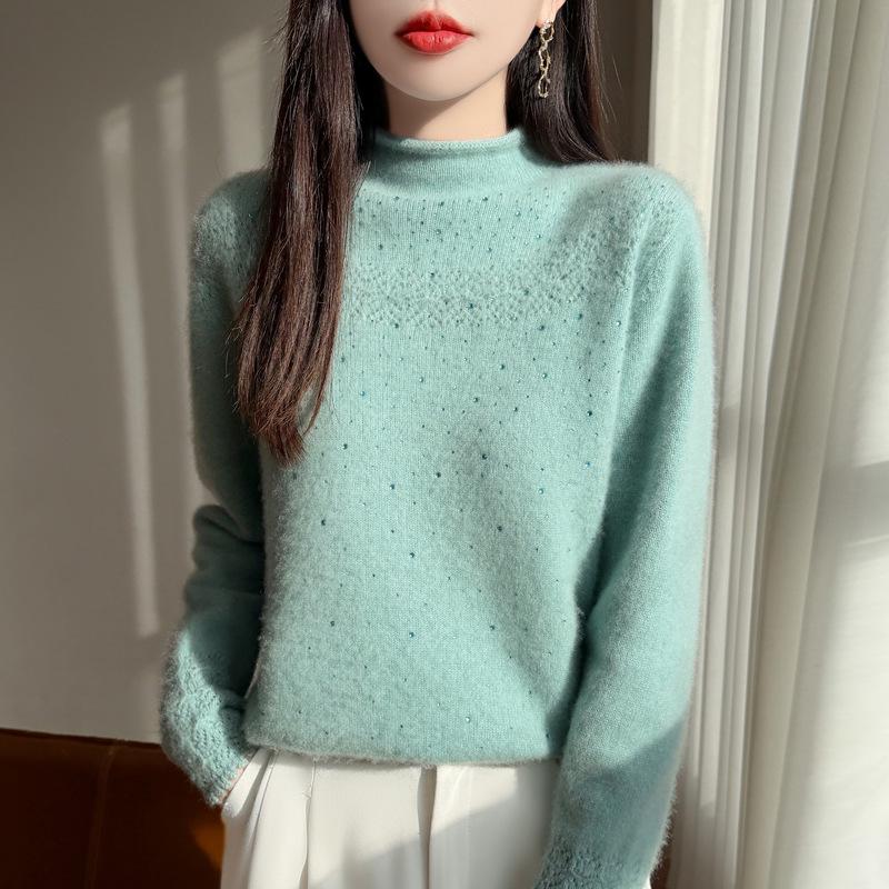 2026 A/W Wool Sweater: Thickened Roll Edge, Half-High Collar, Long Sleeve, Hot-Fix Rhinestone, Hollow-Out Knitwear.