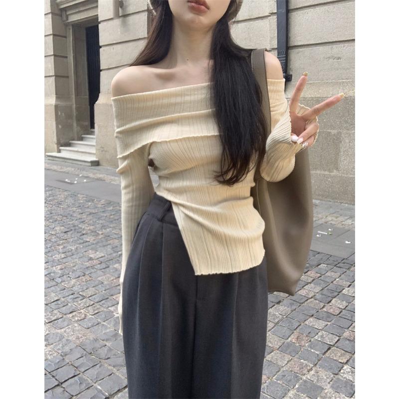Autumn Winter One Word Collar Slit Irregular Sweater Women Long Sleeve Off the Shoulder Knitting Bottomed Top