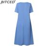 BITCED Women's Fashion Summer Spring Solid Color Print Short Sleeve O-Neck High Waist Casual Dresses