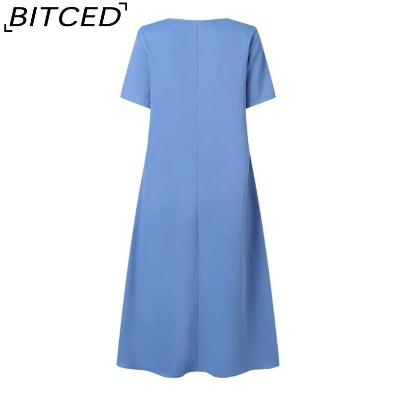 BITCED Women's Fashion Summer Spring Solid Color Print Short Sleeve O-Neck High Waist Casual Dresses