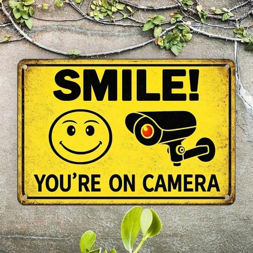 Smile You're On Camera Metal Tin Sign, 2D Flat Humorous Warning Wall Plaque, 12x8 Inch Durable Iron Decor, Easy to Hang