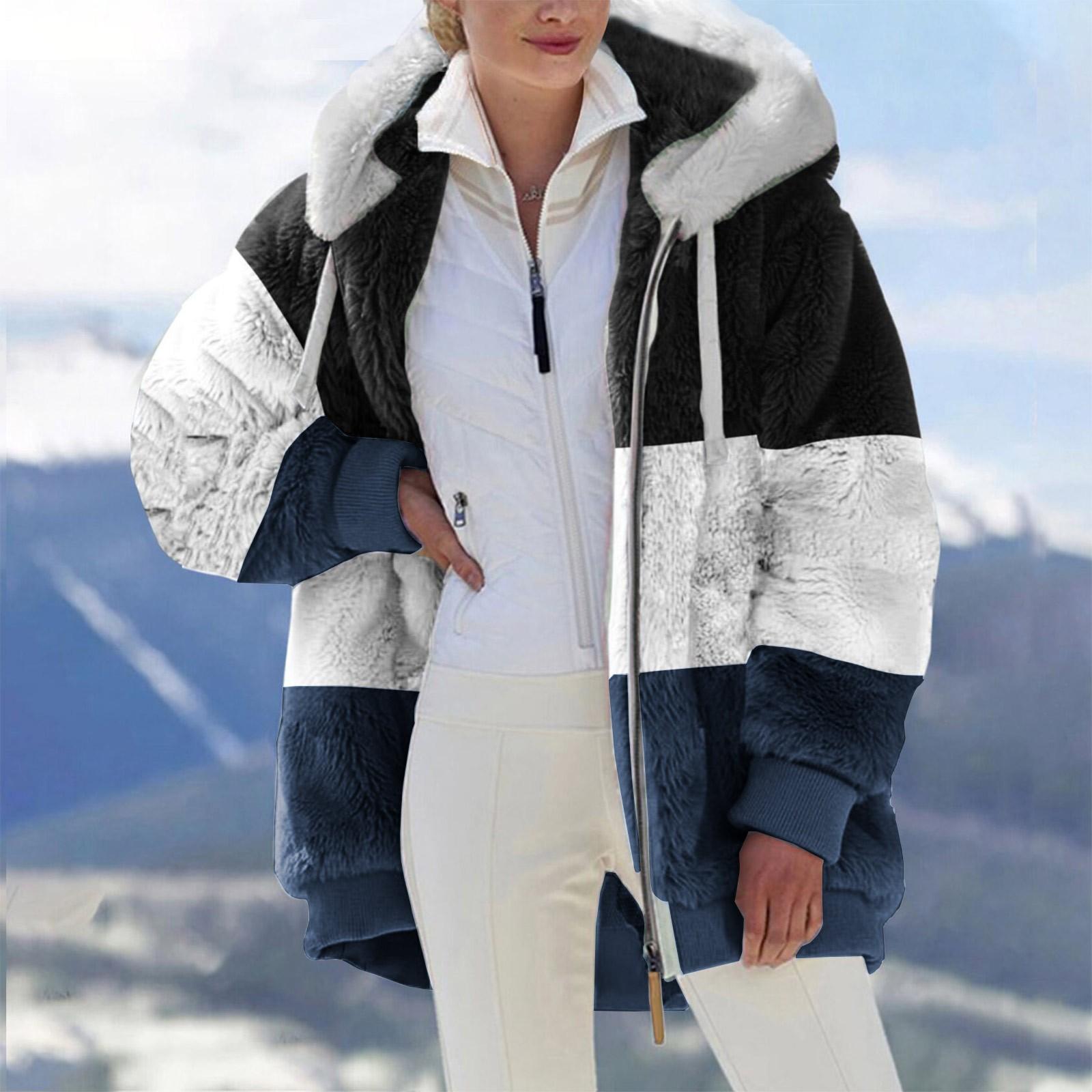 

Женская свободная плюшевая куртка большого размера с разноцветными панелями на молнии с капюшоном L