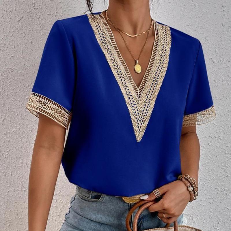 Summer Women's Short-sleeved T-shirt New Short-sleeved Solid Splicing Lace Chiffon Foreign Style Commuter OL White