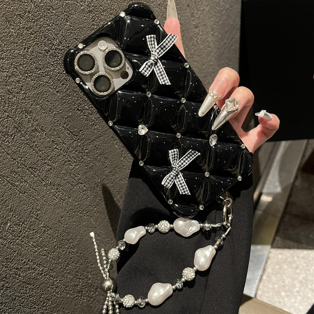 Luxury Glitter Bow Chain Phone Case for iPhone 16 Pro Max Bling Bling Diamond Designer Cover for iPhone 16e 13 14 Plus 15 11 12