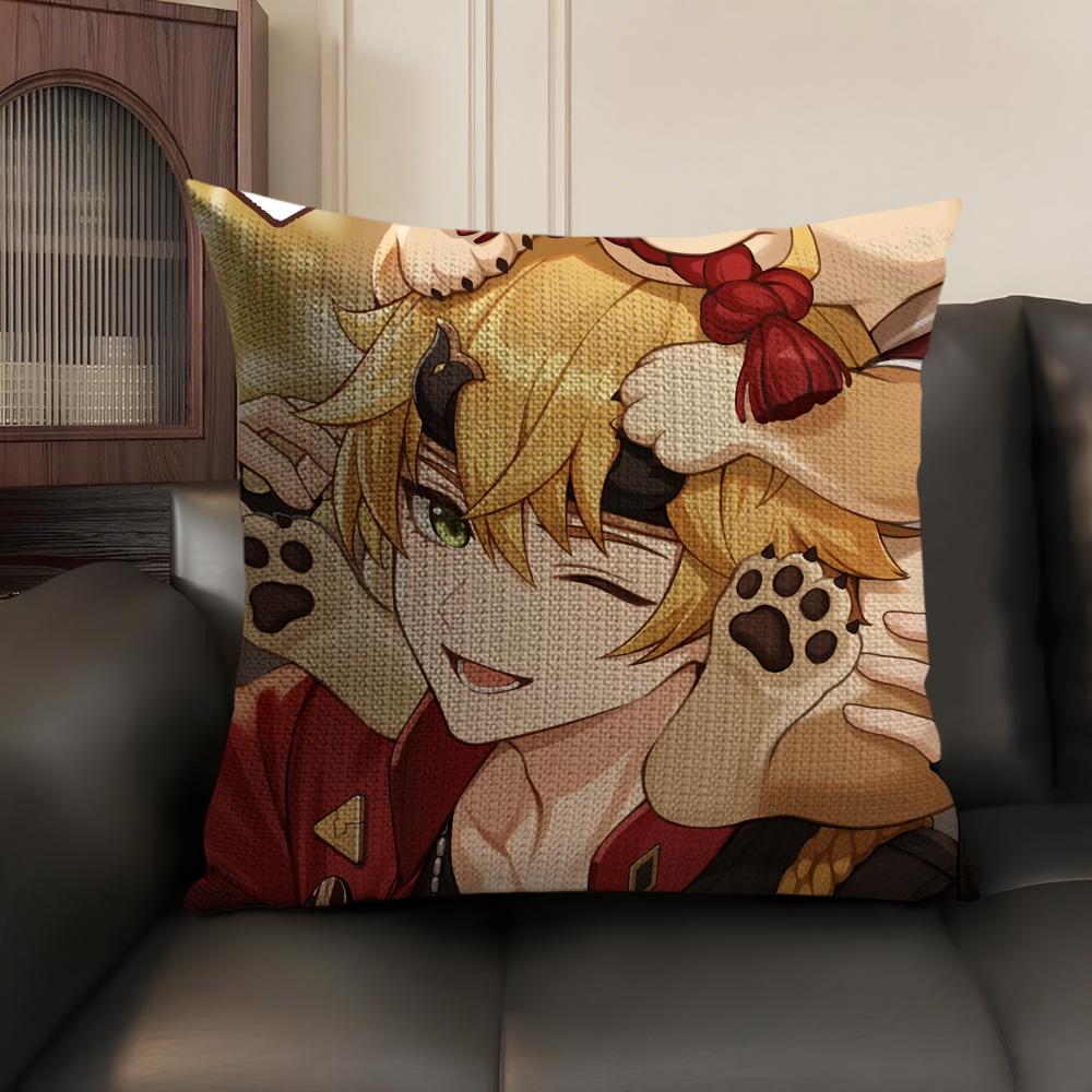 Thoma Genshin Impact Cute Cushion Cover Natural Linen Organic Fabric Double-Sided Printing Sofa Home Decor Gift Pillow Case