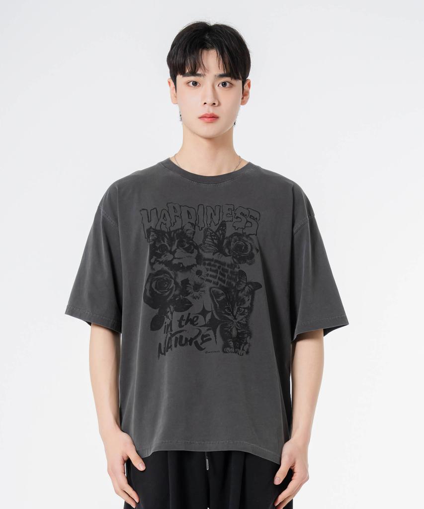 MOZMOZ Happy Cat Oversized Pigment Short Sleeve T-Shirt Charcoal
