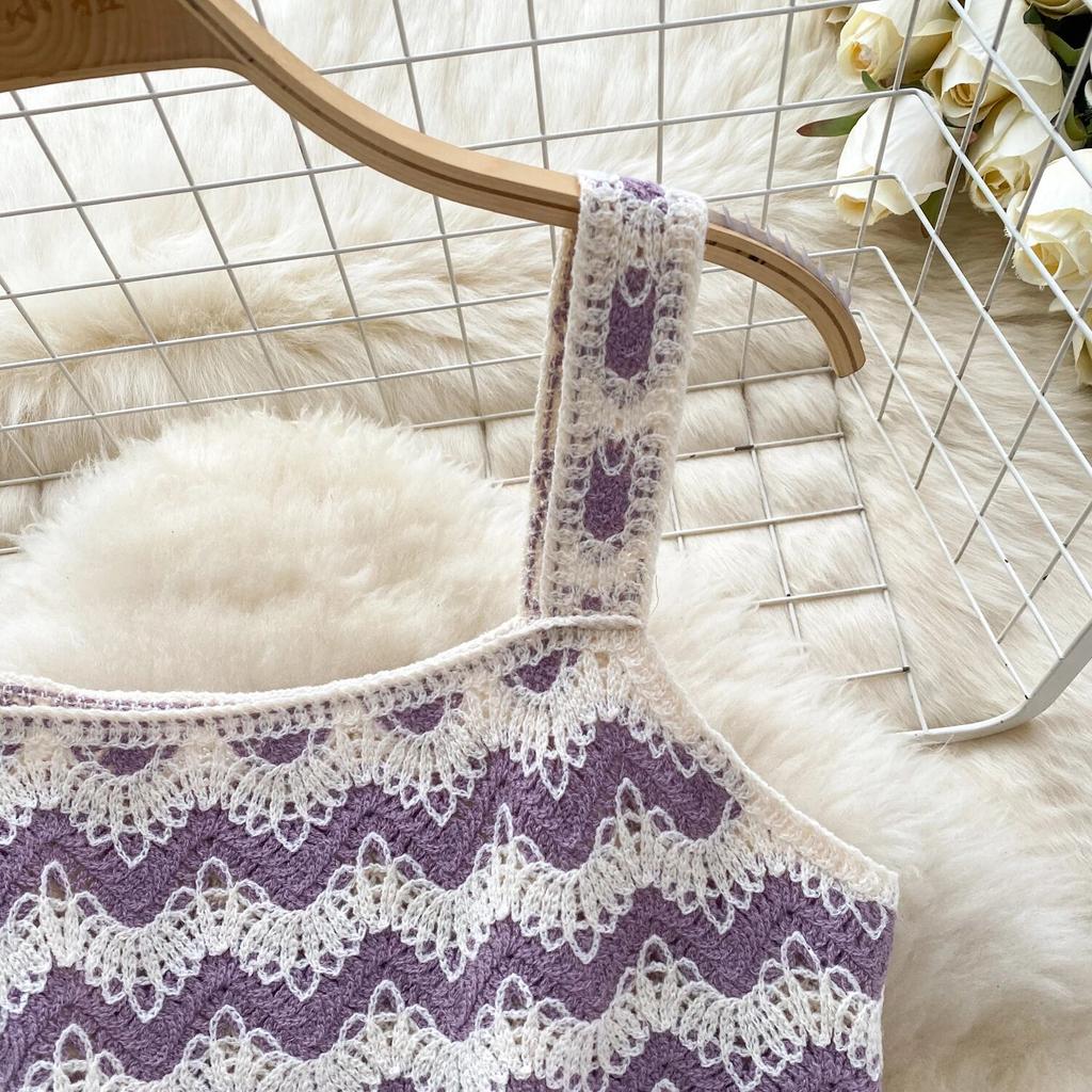 Bohemian Seaside Holiday Sle Zweiteiliger Anzug mit Wellenmuster, Camisole-Ärmel, vielseitiges, geschlitztes Hosenset mit weitem Bein