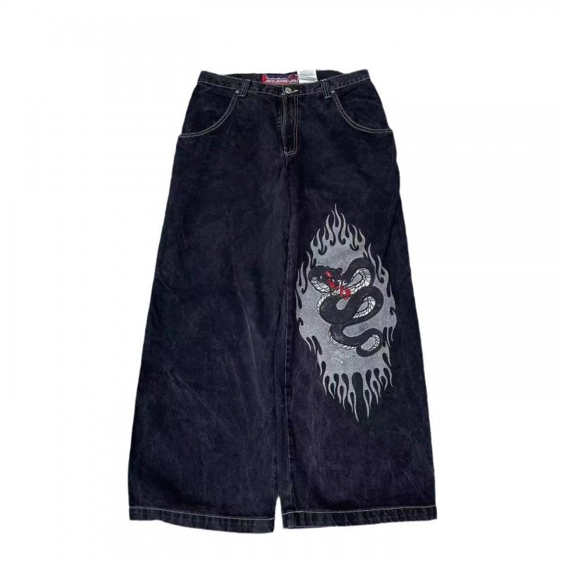 Mens Relaxed Fit Straight Leg Denim Pants With Vintage Embroidery Print Hip Hop Streetwear Harajuku Style