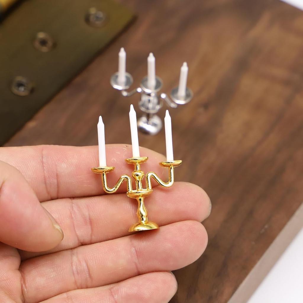 1/2 PCS Vintage 3-Arm Candelabra with Candles – 1:12 Miniature in Gold/Silver for Dollhouse, Fairy Garden & Micro Landscapes