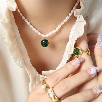 Korea Dongdaemun Light Luxury Non-Fading Baroque Freshwater Pearl Neck Chain Rounded Corner Rectangular Inlaid Crystal Necklace Women