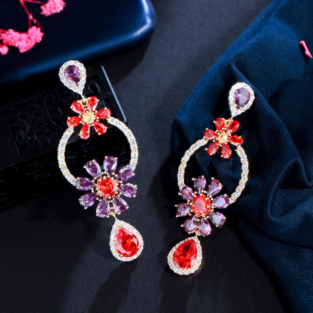 CMM Party Jewelry Golden Color Cubic Zirconia Flower Drop Earrings