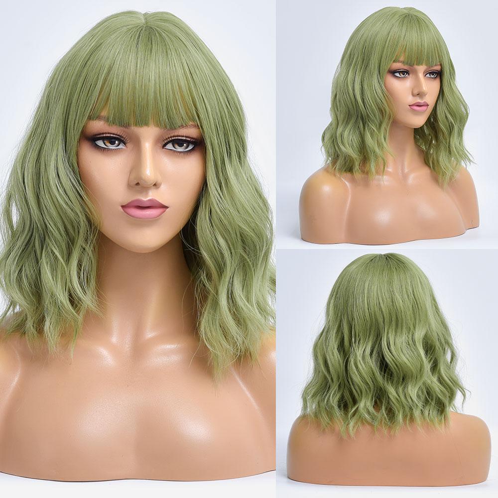 Short Bob Synthetic Wig Ombre Pink Water Wave Hair Wigs For Black Women With Bangs Cosplay Lolita Heat Resistant Natural Hair