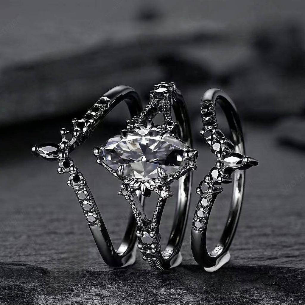 Luxe Mode Set Ring Gun Zwart Ingezette Gekleurde Diamanten Ring Europees en Amerikaans Ins Verlovingssieraden Damesring