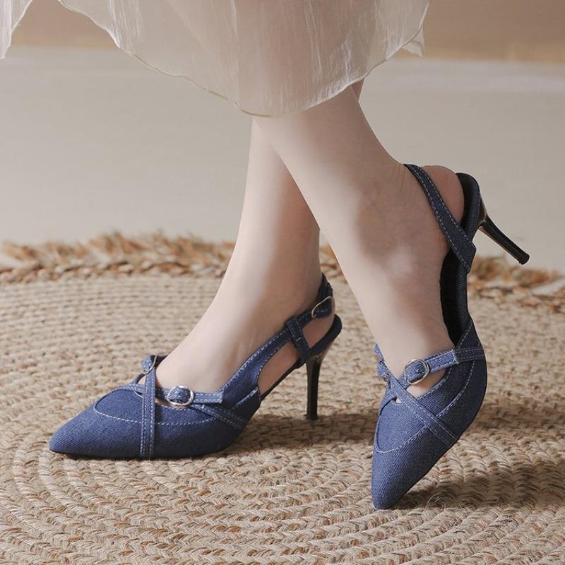 

Fashion Denim Wrapped Sandals Fashion Women s Pointed Toe Shallow Mouth One Strap Anti-Slip Wear-Resistant High Heels 40