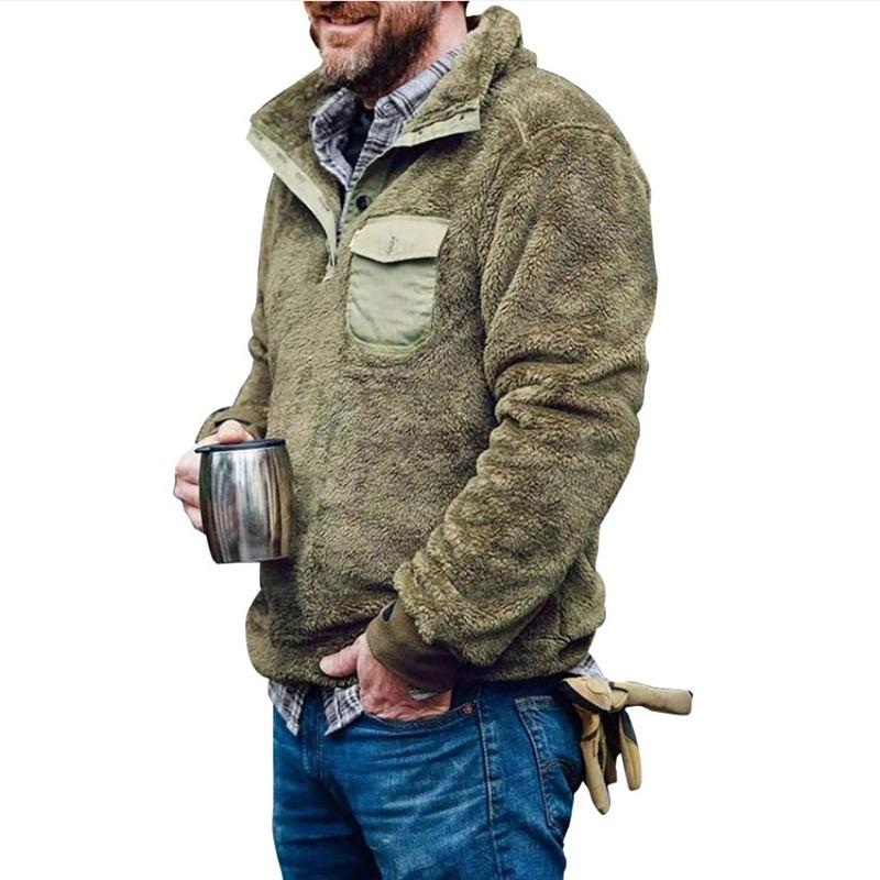 Men's Solid Color Plush Warm Coat Fleece Sweater Casual Coat Pocket Sweater Autumn Winter Coat