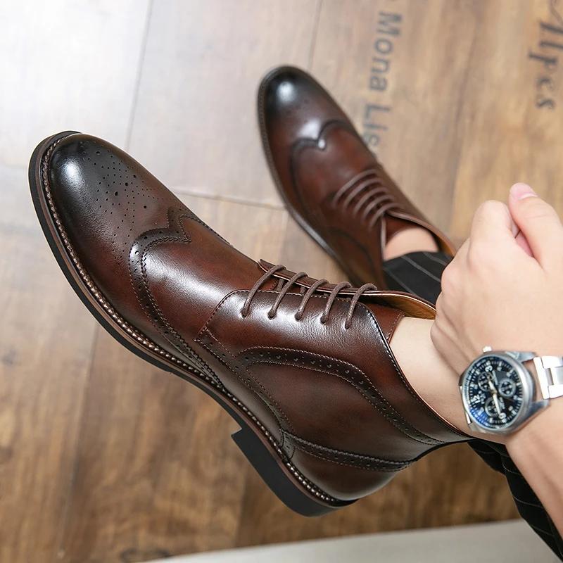 British Style Mens Brogue High Toe Shoes Vintage Leather Chelsea Boots Lace Up Autumn Winter Work Shoes Ankle Boots Men