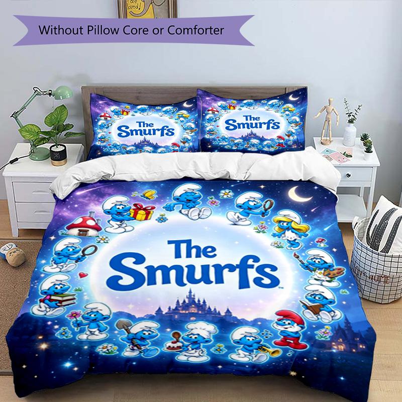 3pcs Duvet Cover Set (1*Duvet Cover + 2*Pillowcase, Without Core), Blue Smurfs Print Bedding Set, Bedroom Decor, All‑Season, Birthday Gift