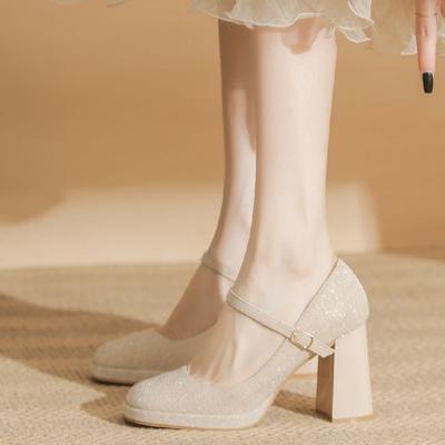 Waterproof Table High Heels Women's Thick Heels 2025 New Temperament Champagne One-word Buckle with Adult Ceremony Mary Jane Wedding Shoes