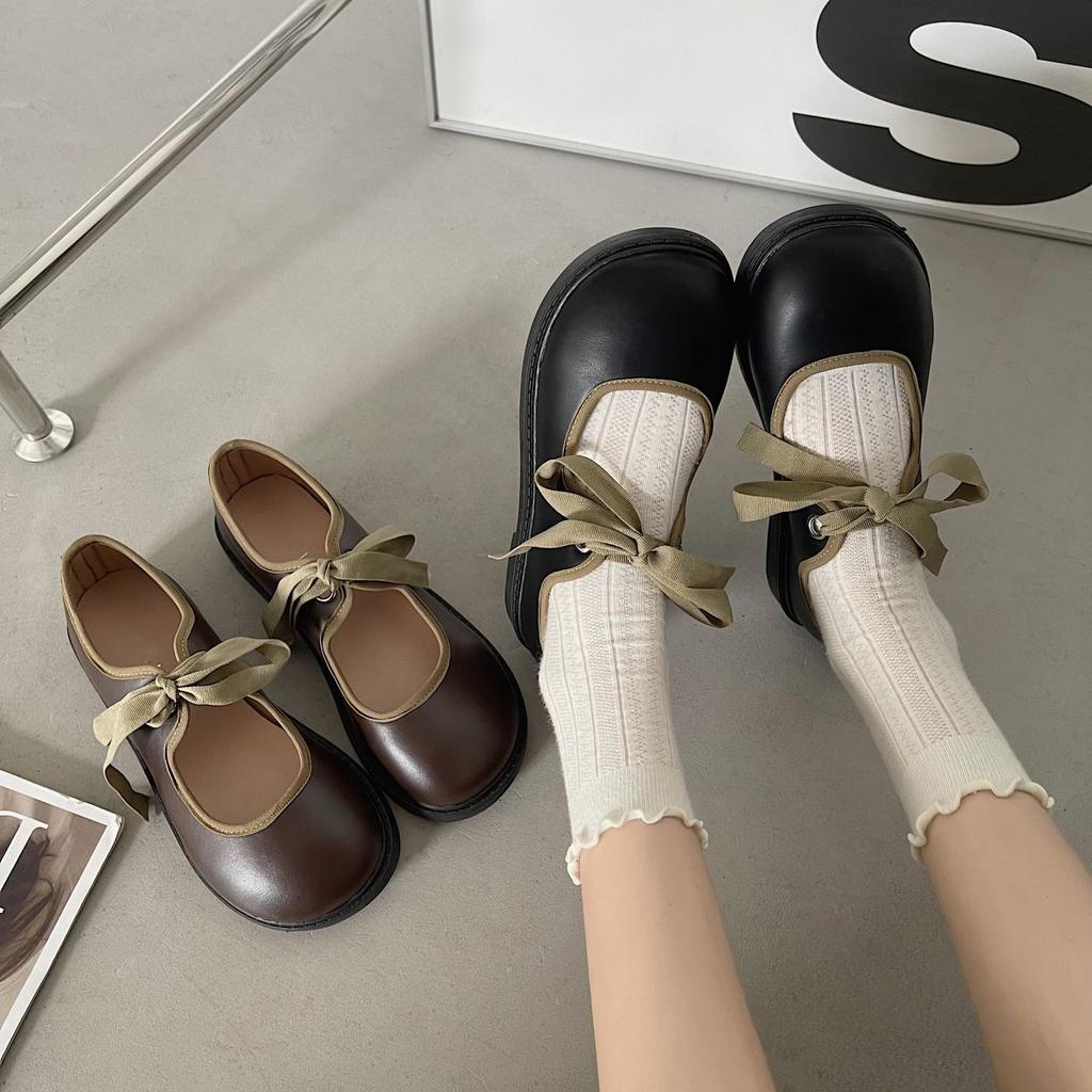 Popular Brown Round Head Lace-up Flat Jk Single Shoes Mary Jane Single Shoes 2025 New Japanese High-end Small Leather Shoes Women