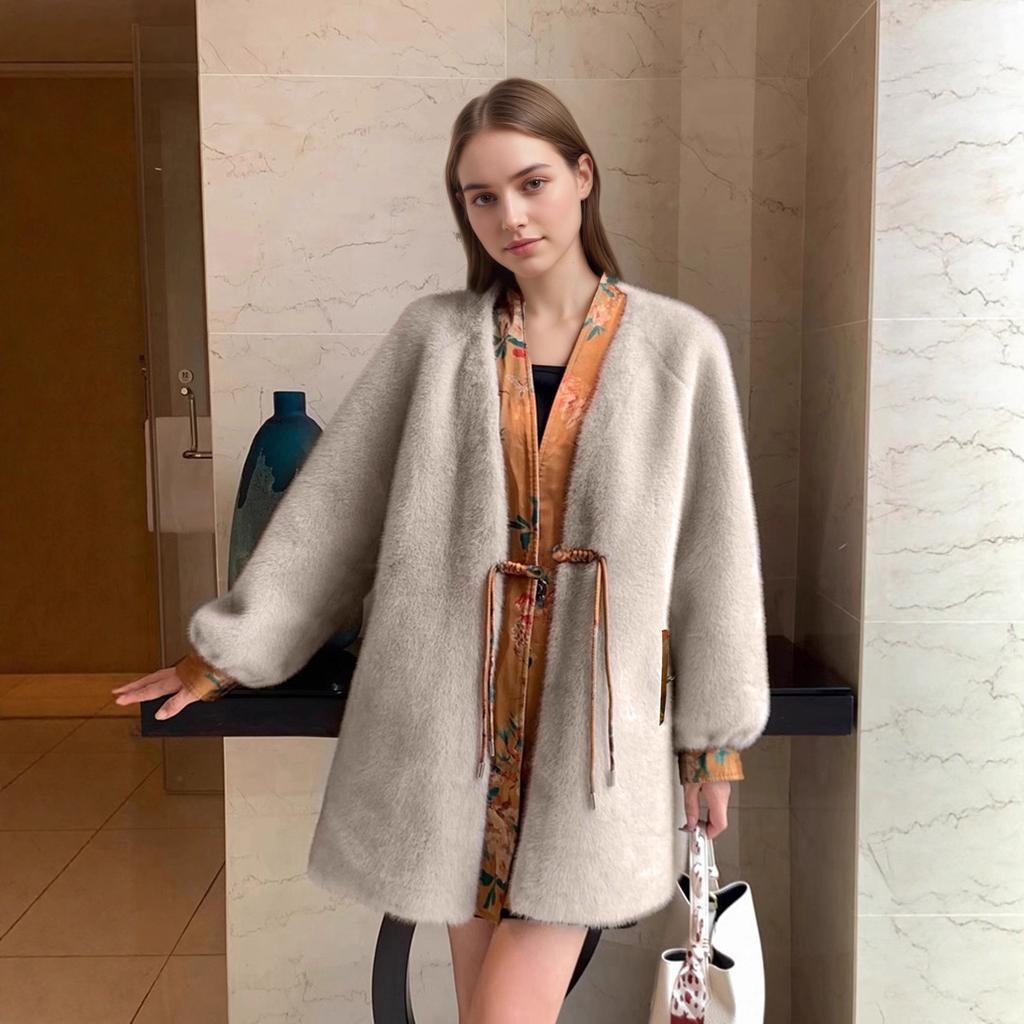 European and American popular national style buckle gold mink jacket women's medium and long imitation fur fur integrated coat