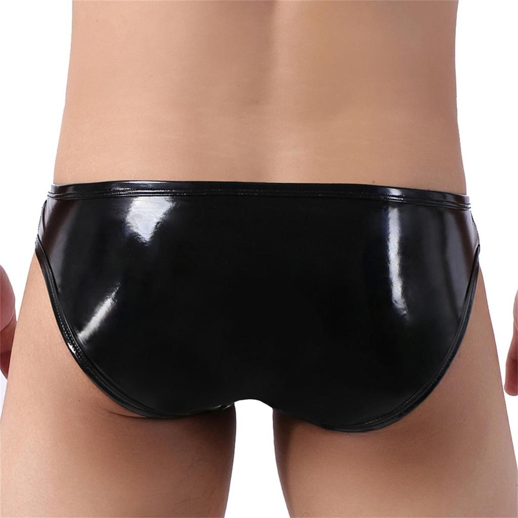 Herren Glänzende Kunstleder Slips mit Metallschnalle und U-Beutel-Design, Hüfttief, Europäische Größe.