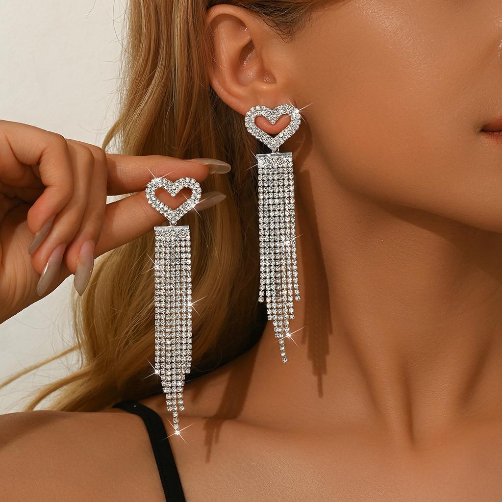 European and American Diamond-encrusted Metal Long Fringed Earrings Women's High-end Studs, Niche Temperament Earrings