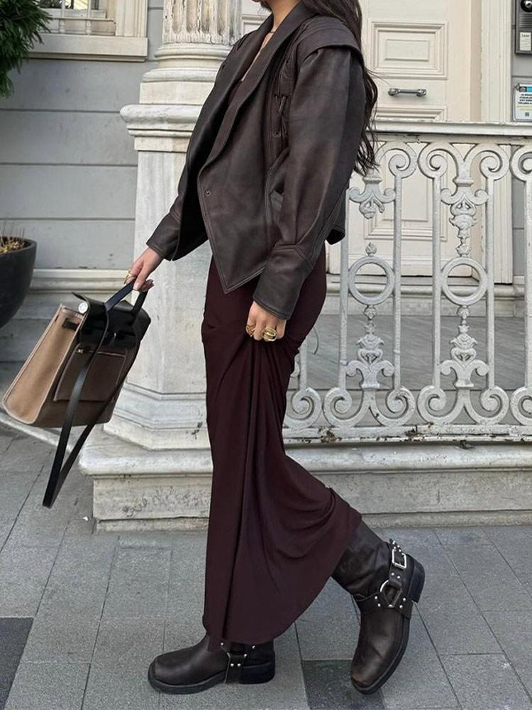 Módní kožená dámská krátká bunda s páskem, klopovým límcem a dlouhým rukávem, motorkářský kabát pro dámy, zimní teplé streetové svrchní oblečení