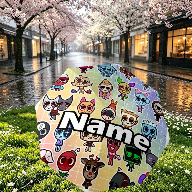 Custom Name Personalized Sprunki Game Print Umbrella, Auto Open Close, 8‑Rib Sturdy Frame, Commute Camping Hiking Use, Birthday Gift