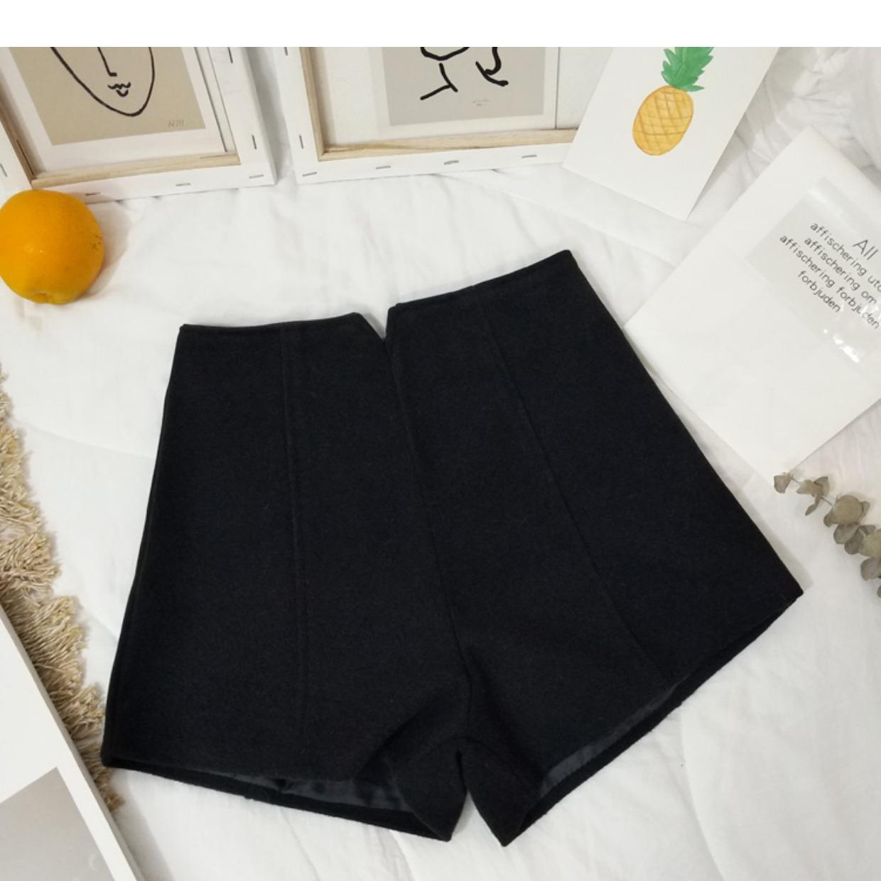 

High-Waisted Wool Blend Slim-Fit A-Line Shorts for Women - Versatile Casual Wide-Leg Pants for Autumn/Winter L чёрный