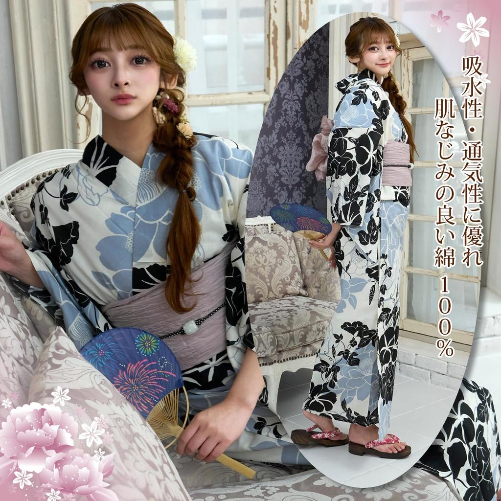 RAVIR Yukata Set with Morning and Gray Camellia Fluffy Obi and Geta One Size Fits All Women's 3-Piece White, Black, Glory, Patterns, Belt, Sandals,