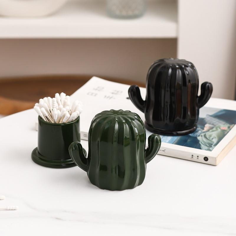 High-value Ceramic Cactus Toothpick Jar, Dental Floss Storage Box, Household New Personalized Creative Cotton Swab Box Jar.