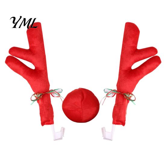 Winter Holiday Car Decor Christmas Reindeer Antlers with Red Nose, Plush Vehicle Decoration Party Accessory Kit Jingle Bell Ribbon, Festive