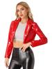 Womens Patent Leather Cropped Jacket Wet Look Lapel Design Long Sleeve Party Coat