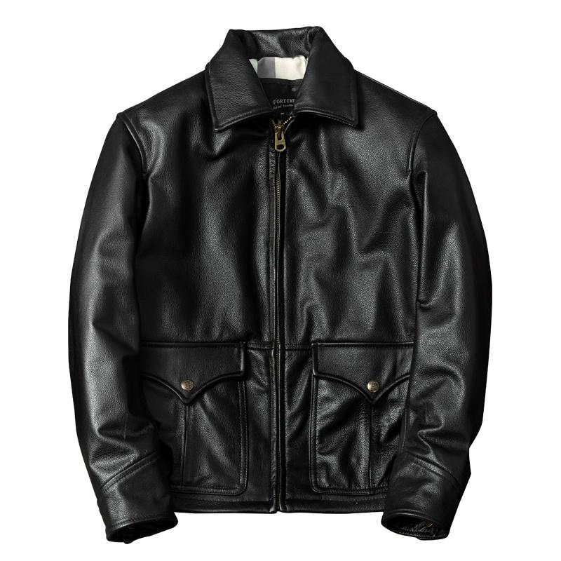 Genuine Leather Jacket Men Slim Fit Cowhide Biker Coat Stylish Lapel Spring Autumn Outerwear