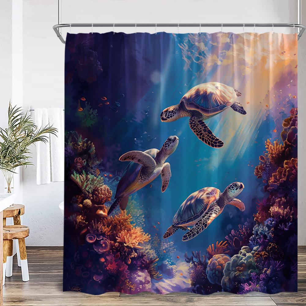Undersea Cartoon Shower Curtain Sea Turtle Coral Seaweed Tropical Fish Ocean Bathroom Decor Polyester Fabric Bathtub Curtain