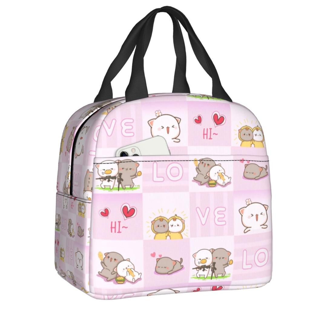 Cartoon Mochi Cat Peach And Goma Meme Lunch Bag Women Thermal Cooler Insulated Lunch Box for Work Office Travel Picnic Food Bags Practical Use