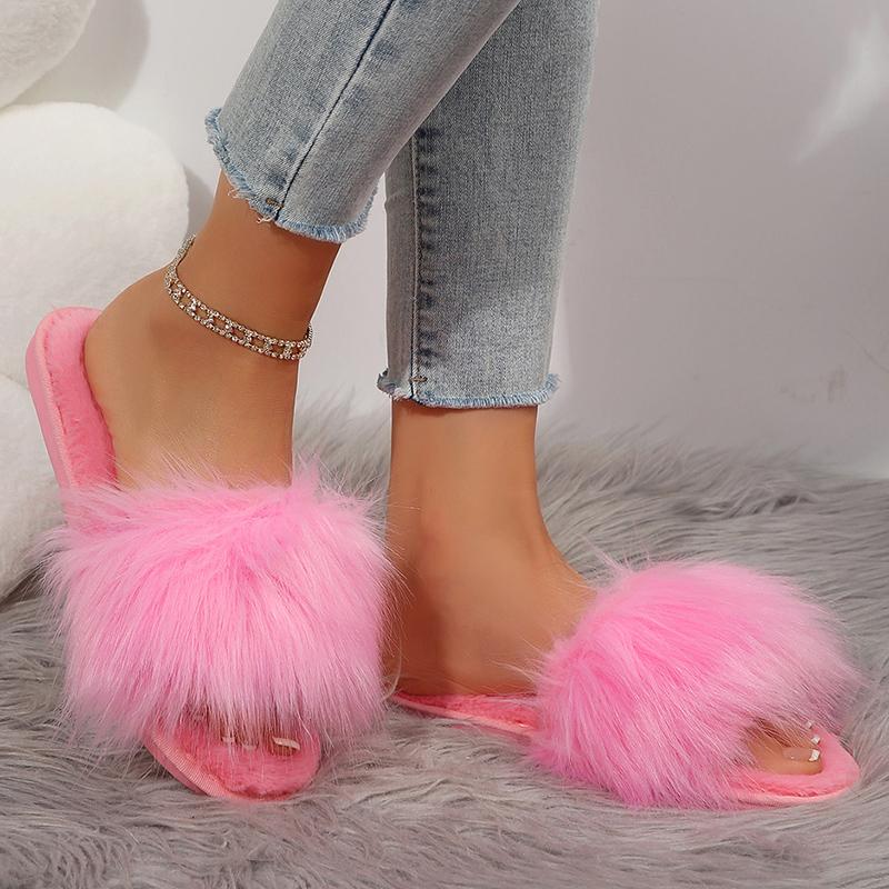 Fashion Winter Fluffy Plush Home Slippers for Women Solid Color Open Toe Flat Fur Slides Woman Comfortable Warm Indoor Bedroom Slippers