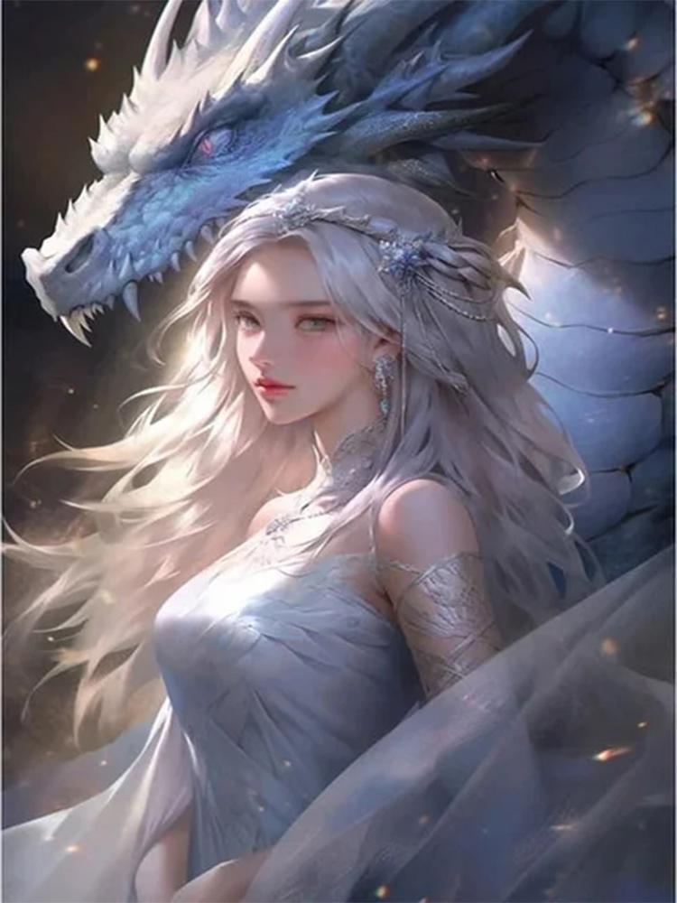 Pictură cu diamant de femei și dragoni 5DDiy, rotund complet, pătrat, mozaic, cruce, brodat, pictură cu animale, decorație de perete