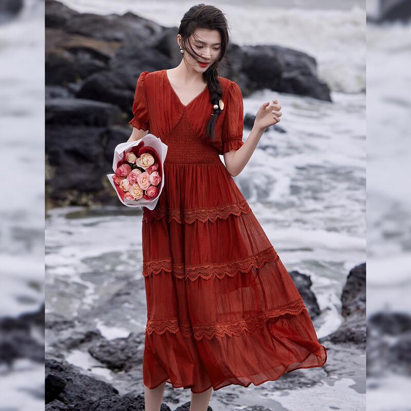Bailuyu Tencel Blend Tiered V-Neck Lace Long Dress