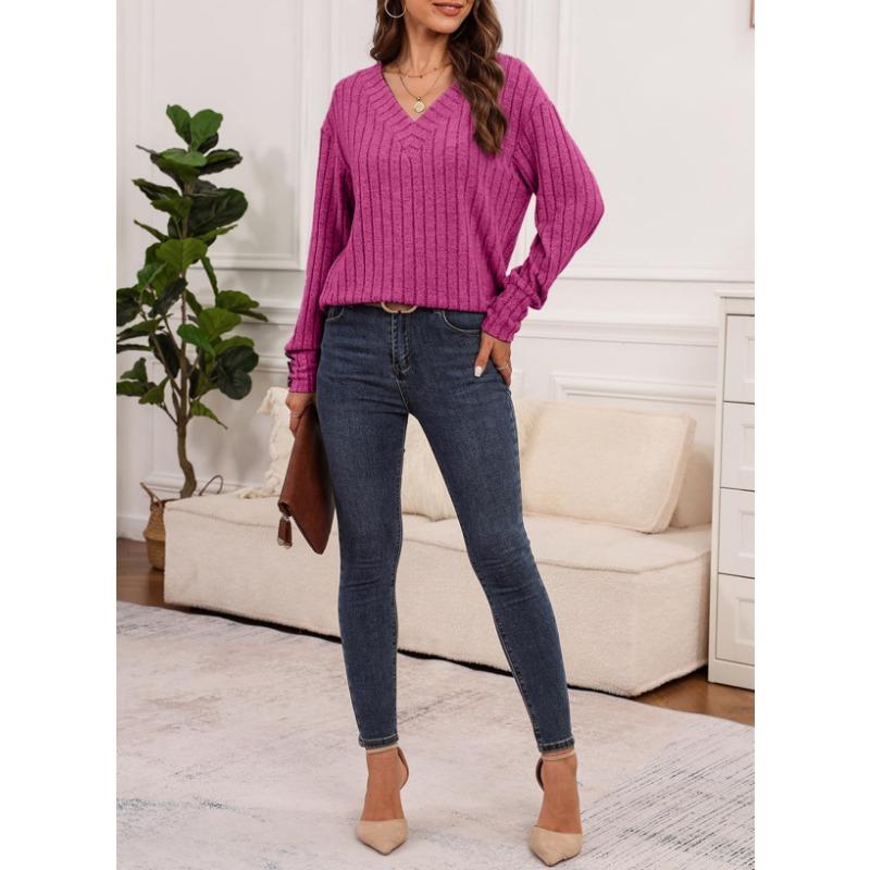 Women's Autumn and Winter Long Sleeve V-Neck Shirt Solid Color Button Pullover
