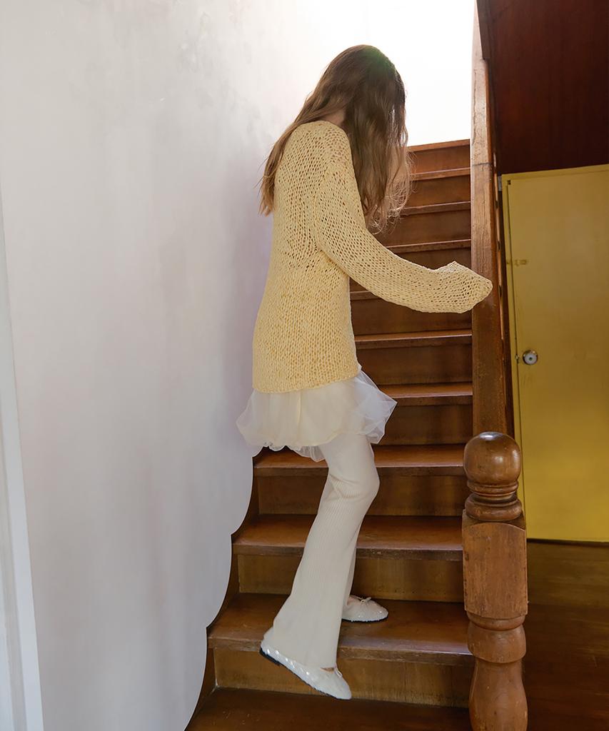 Lonkeu Spring Boots Cut Knit Leggings Pants (Ivory)