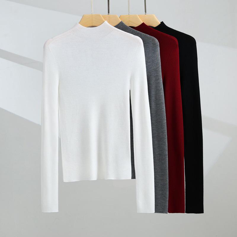 Machine Washable Women's Pure Wool Slim-Fit Half-High Collar Sweater - Autumn/Winter Cashmere Knit Base Layer