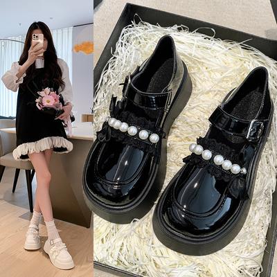 Plateau Mary Jane kleine Lederschuhe Frühling und Herbst Neu Schleife Perle Französischer Retro mit Rock jk Einzelne Schuhe