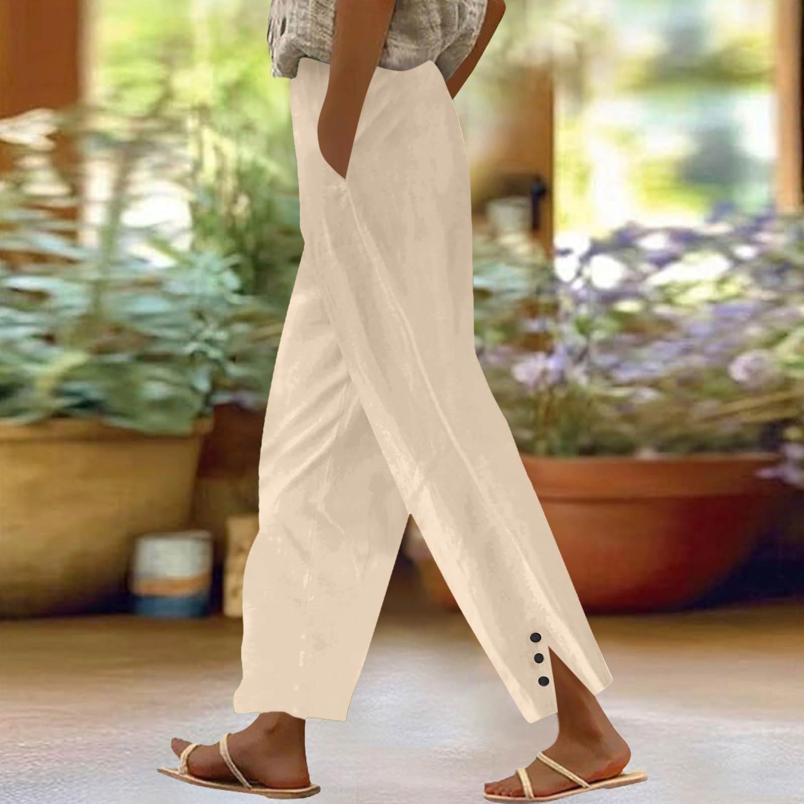 

Женские модные повседневные брюки, однотонные прямые брюки с эластичным поясом и карманами M бежевый