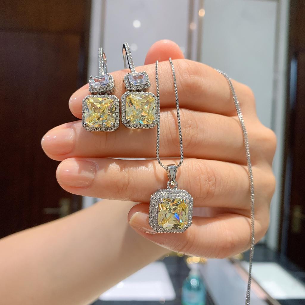 Jewelry Simulation Yellow Diamond Pendant, Stud Earrings, Necklace, Female Colorful Treasure Set.