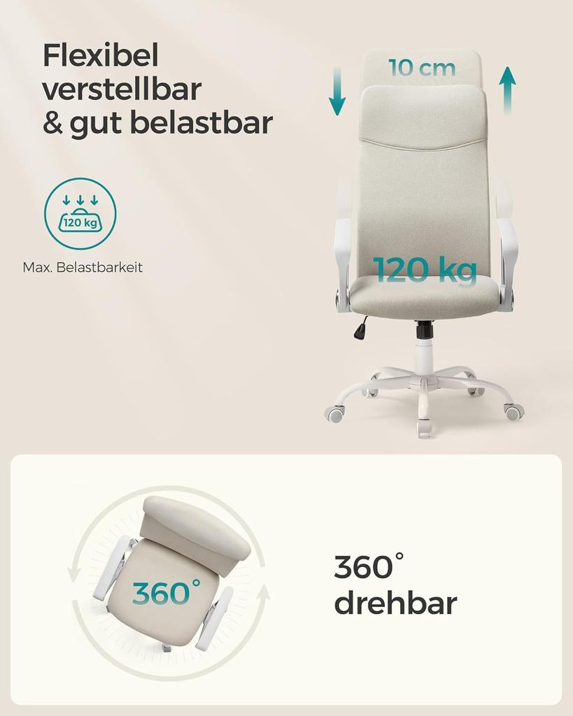 SONGMICS Office Chair, Ergonomic Swivel Chair, Padded Seat, Fabric Cover, Adjustable and Tilting