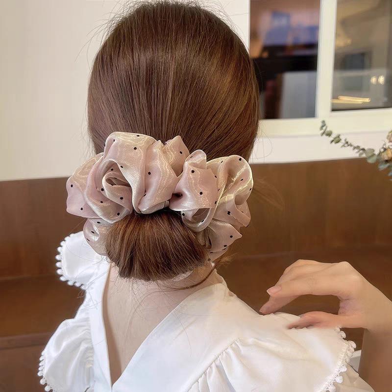 Korean-Style Gentle Solid Colour Pearl Mesh Polka Dot French Hair Tie For Women Elegant Large Scrunchie Hair Accessory