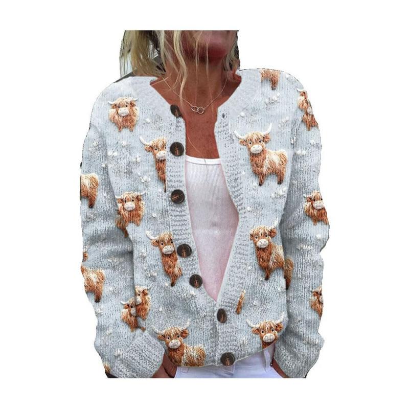 Cardigan Tricot Femme Col Rond Boutonnage Simple Imprimé Floral Manches Longues Vêtement d'Extérieur Décontracté