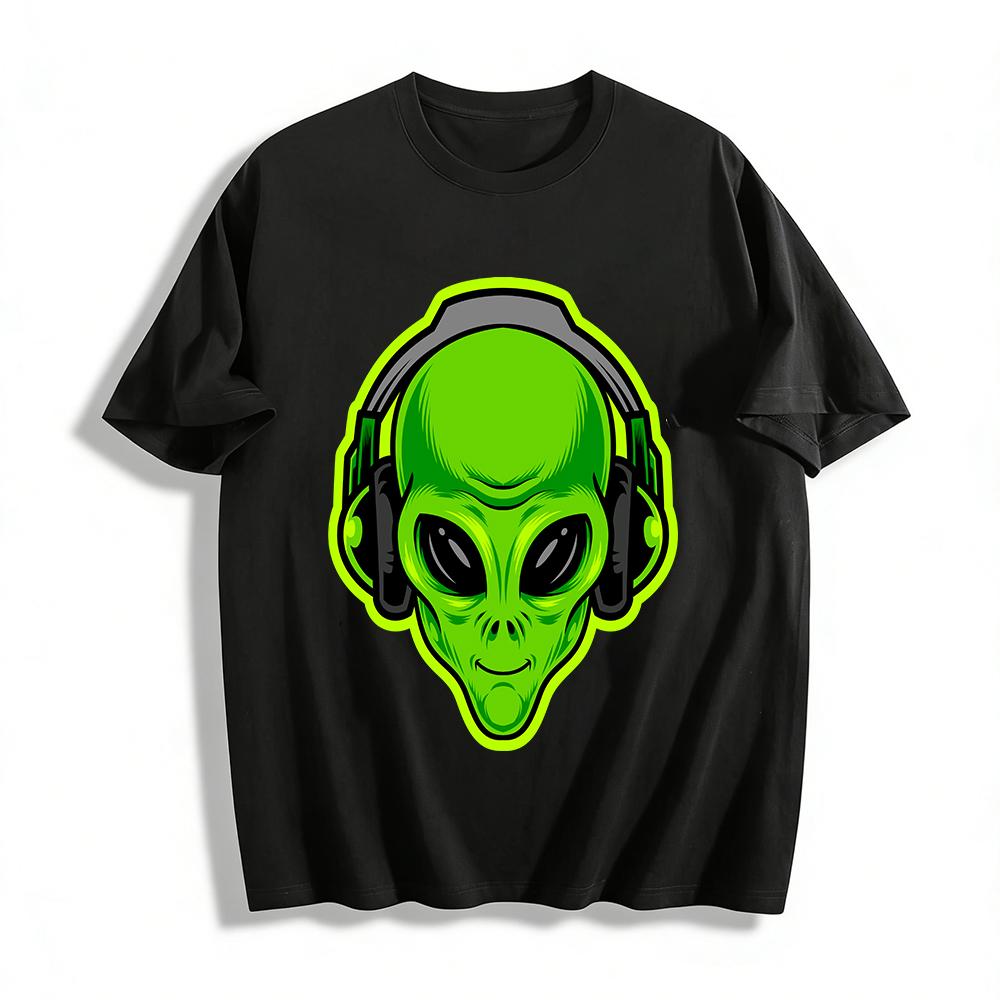 Cool Green Alien With Headphones Graphic Casual Tee Shirt Pure cotton T-shirt XXS