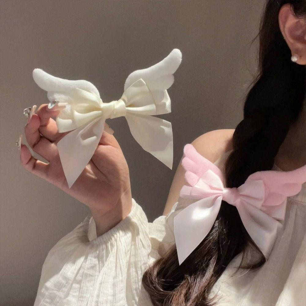 Y2K Angel Wing Hair Clip Creative Cute Duckbill Clip Fashion Satin Bow Hairpin Daily